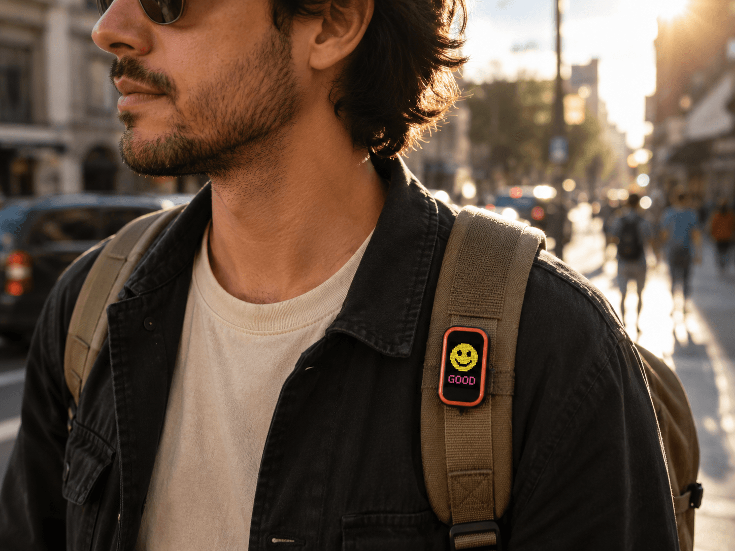 Coral MoodPin pinned to a backpack strap on a sunlit street, showing a pixel smiley and the word GOOD