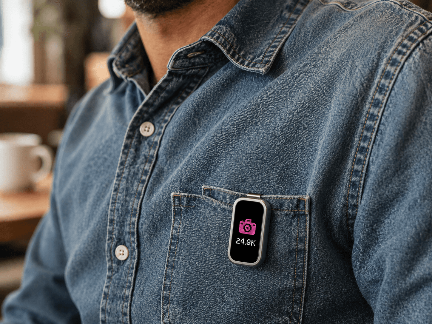 Silver MoodPin pinned to a denim shirt pocket, showing a pink pixel camera and a follower count
